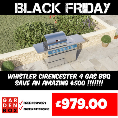 BLACK FRIDAY SALE: Whistler Cirencester 4 Gas Barbecue with side burner. 30% OFF RRP! Now only £979 + FREE genuine rotisserie kit!