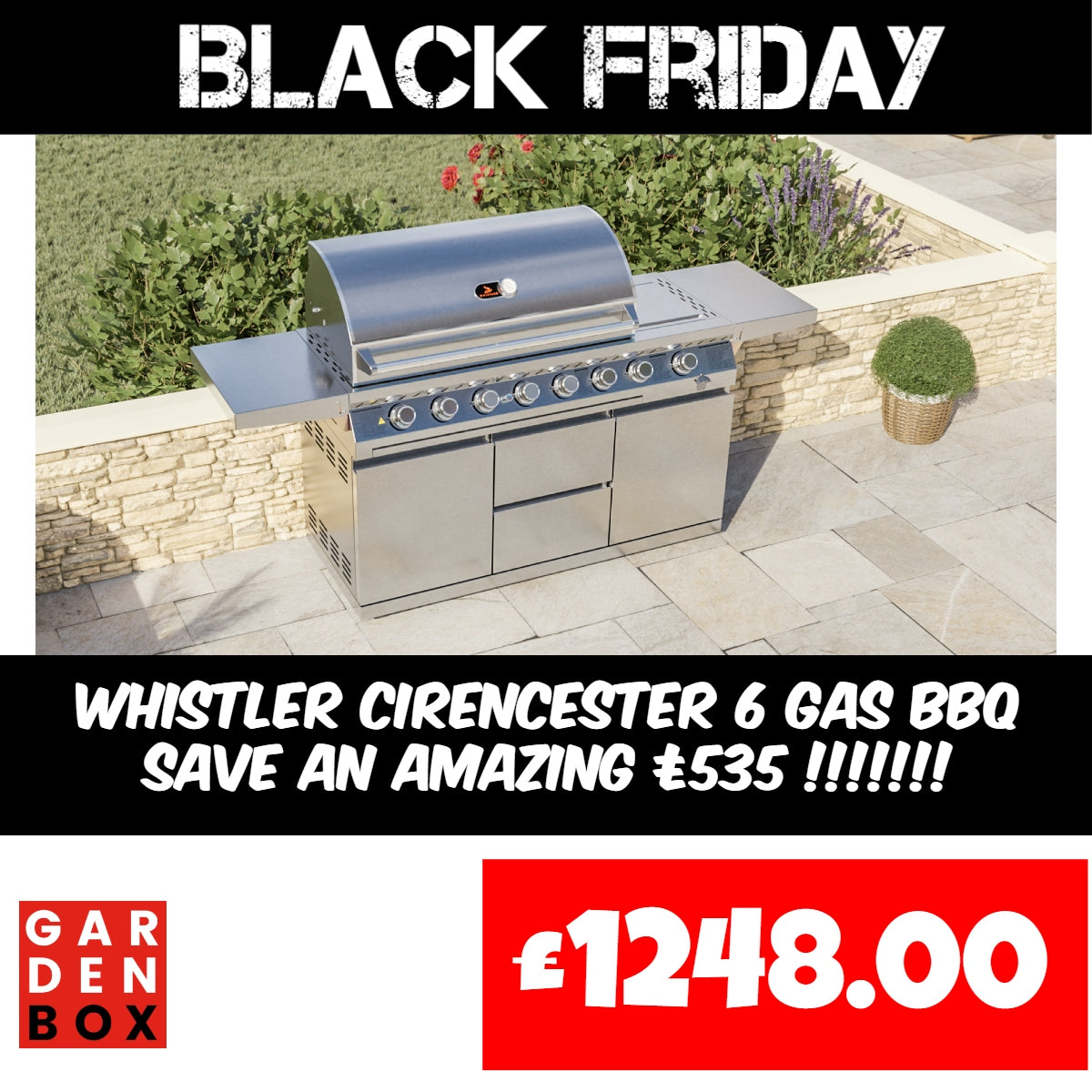 BLACK FRIDAY SALE: Whistler Cirencester 6 Gas Barbecue with side burner and rear rotisserie burner. Now with 30% OFF! Only £1248.76!
