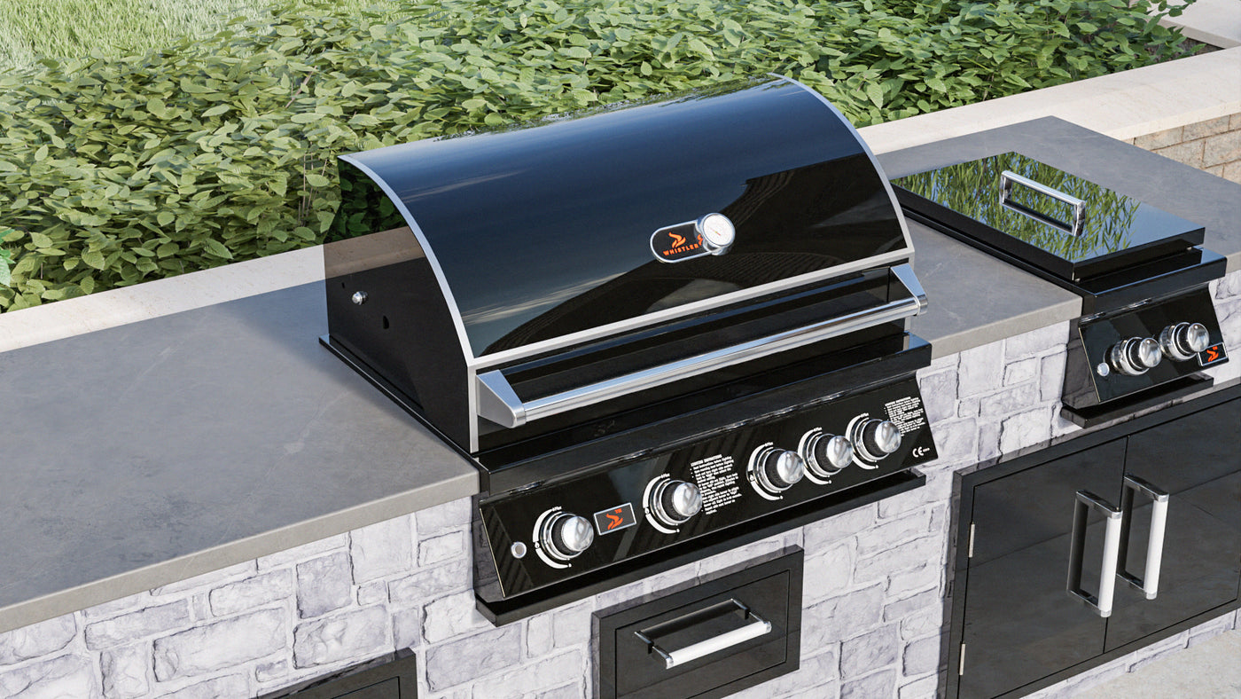 Whistler Burford 4 Burner Built In Gas Barbecue in Black Silk. With FREE Cover and rotisserie kit.