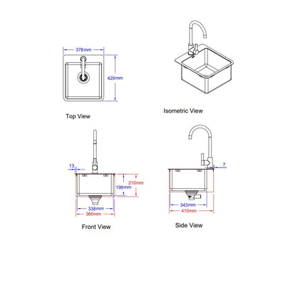 Bull Small Stainless Steel Sink & Taps for a Built In BBQ 30 x 30 x 20cm