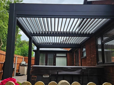 Eclipse Wall Mounted Outdoor Gazebo 3m by 5m. With electric louvered roof. Great value at £5499