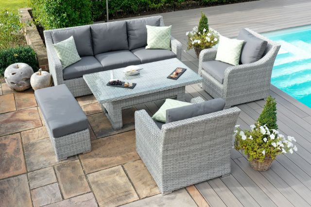 Ascot 3 Seat sofa Dining Set with Rising Table and Weatherproof Cushions by Maze Rattan