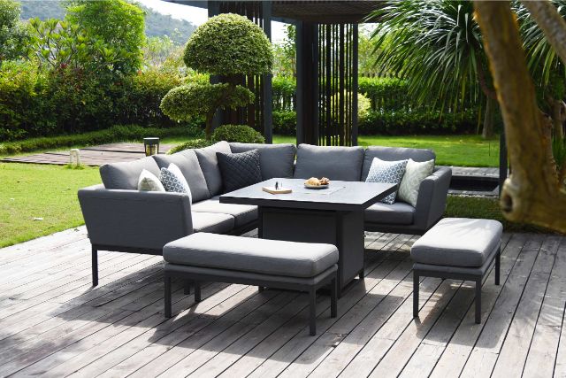 Maze Rattan Pulse Square Corner Dining Set with Fire Pit In Weatherproof Fabric