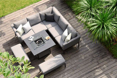 Maze Rattan Pulse Square Corner Dining Set with Fire Pit In Weatherproof Fabric