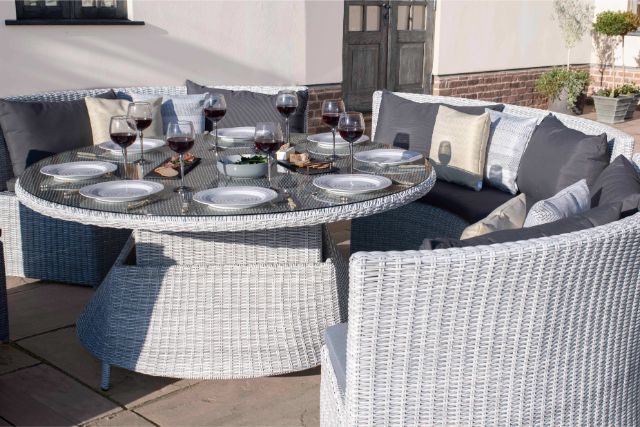 Ascot Round Sofa Dining Set with Rising Table & Weatherproof Cushions by Maze Rattan - Gardenbox