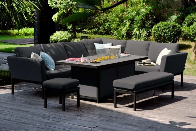 Maze Pulse Left Handed Rectangular Corner Dining Set with Fire Pit Table In Weatherproof Fabric