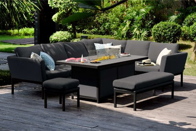 Maze Pulse Left Handed Rectangular Corner Dining Set with Fire Pit Table In Weatherproof Fabric