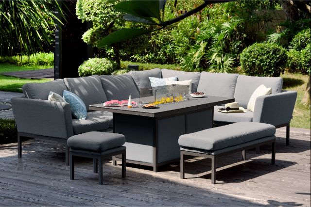 Maze Pulse Left Handed Rectangular Corner Dining Set with Fire Pit Table In Weatherproof Fabric