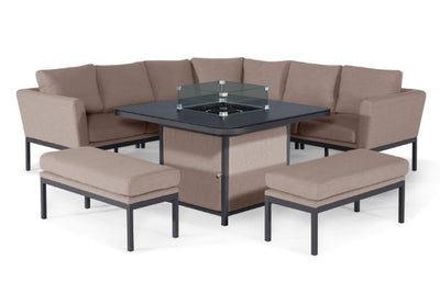 Maze Rattan Pulse Deluxe Square Corner Dining Set- with Firepit Table in Weatherproof fabric