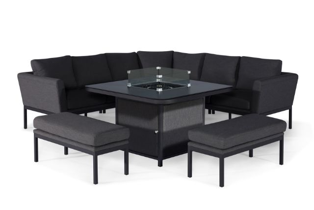 Maze Rattan Pulse Deluxe Square Corner Dining Set- with Firepit Table in Weatherproof fabric