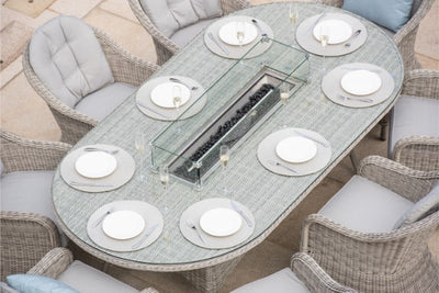 Maze Rattan Oxford 8 Seat Oval Fire Pit Dining Set with Heritage Chairs - Gardenbox