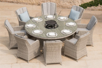 Maze Rattan Oxford 8 Seat Round Fire Pit Dining Set with Venice Chairs & Lazy Susan - Gardenbox