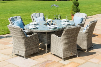 Maze Rattan Oxford 6 Seat Oval Fire Pit Dining Set with Venice Chairs - Gardenbox