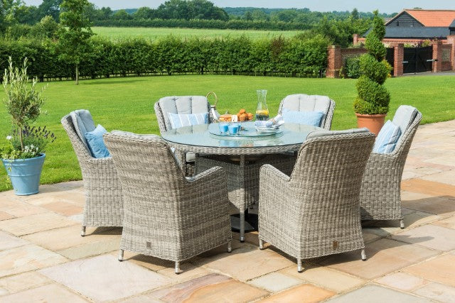 Maze Rattan Oxford 6 Seat Round Fire Pit Dining Set with Venice Chairs & Lazy Susan - Gardenbox