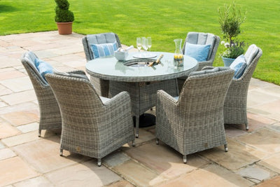 Maze Rattan Oxford 6 Seat Round Fire Pit Dining Set with Venice Chairs & Lazy Susan - Gardenbox