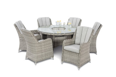 Maze Rattan Oxford 6 Seat Round Fire Pit Dining Set with Venice Chairs & Lazy Susan - Gardenbox