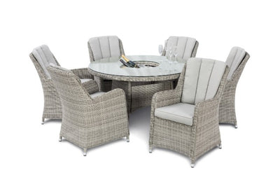 Maze Rattan Oxford 6 Seat Round Fire Pit Dining Set with Venice Chairs & Lazy Susan - Gardenbox