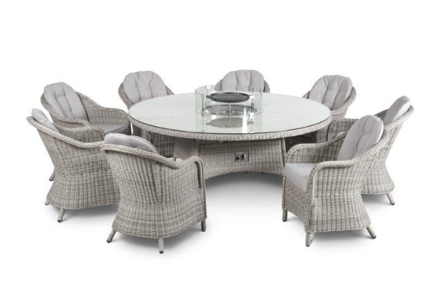 Maze Rattan Oxford 8 Seat Round Fire Pit Dining Set with Heritage Chairs and Lazy Susan - Gardenbox