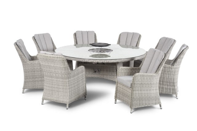 Maze Rattan Oxford 8 Seat Round Fire Pit Dining Set with Venice Chairs & Lazy Susan - Gardenbox