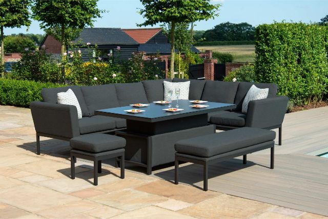 Maze Pulse Left Handed Rectangular Corner Dining Set with Rising Table In Weatherproof Fabric