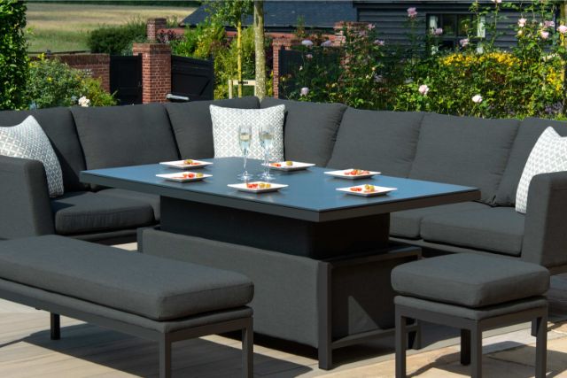 Maze Rattan Pulse Rectangular Corner Dining Set with Rising Table In Weatherproof Fabric