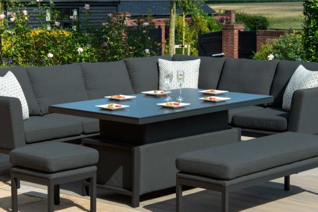 Maze Pulse Left Handed Rectangular Corner Dining Set with Rising Table In Weatherproof Fabric