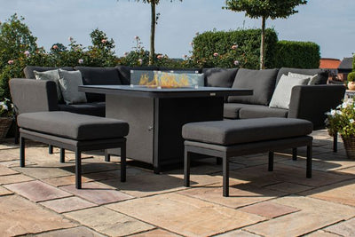 Maze Rattan Pulse Deluxe Square Corner Dining Set- with Firepit Table in Weatherproof fabric