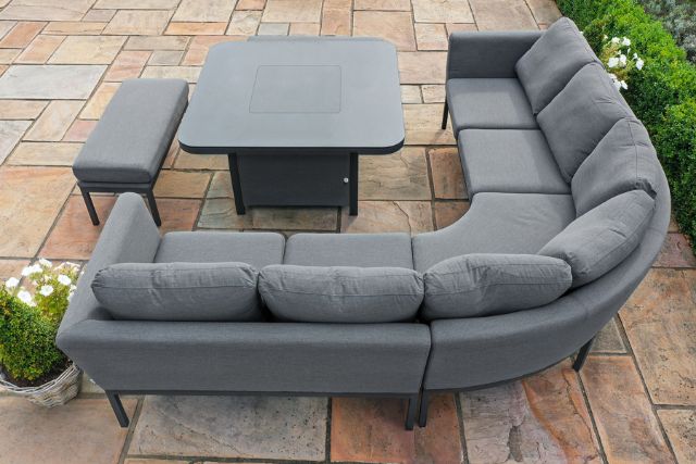 Maze Rattan Pulse Deluxe Square Corner Dining Set- with Firepit Table in Weatherproof fabric