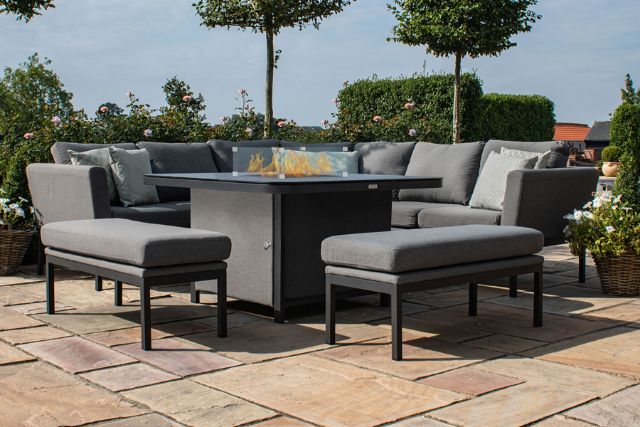 Maze Rattan Pulse Deluxe Square Corner Dining Set- with Firepit Table in Weatherproof fabric