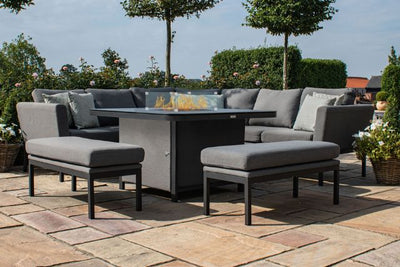 Maze Rattan Pulse Deluxe Square Corner Dining Set- with Firepit Table in Weatherproof fabric