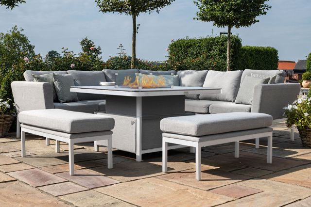 Maze Rattan Pulse Deluxe Square Corner Dining Set- with Firepit Table in Weatherproof fabric