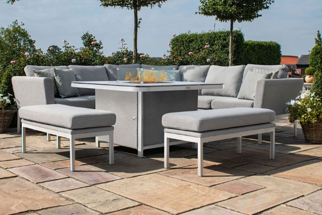 Maze Rattan Pulse Deluxe Square Corner Dining Set- with Firepit Table in Weatherproof fabric