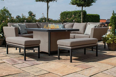 Maze Rattan Pulse Deluxe Square Corner Dining Set- with Firepit Table in Weatherproof fabric