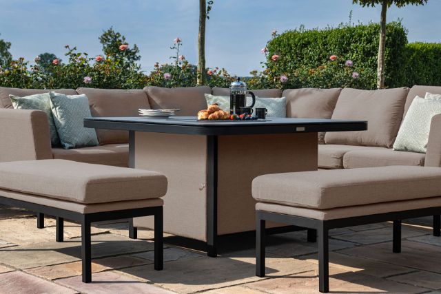 Maze Rattan Pulse Deluxe Square Corner Dining Set- with Firepit Table in Weatherproof fabric