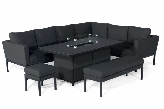 Maze Pulse Left Handed Rectangular Corner Dining Set with Fire Pit Table In Weatherproof Fabric