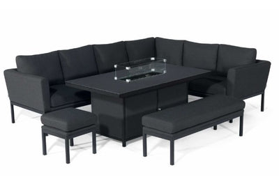 Maze Pulse Left Handed Rectangular Corner Dining Set with Fire Pit Table In Weatherproof Fabric