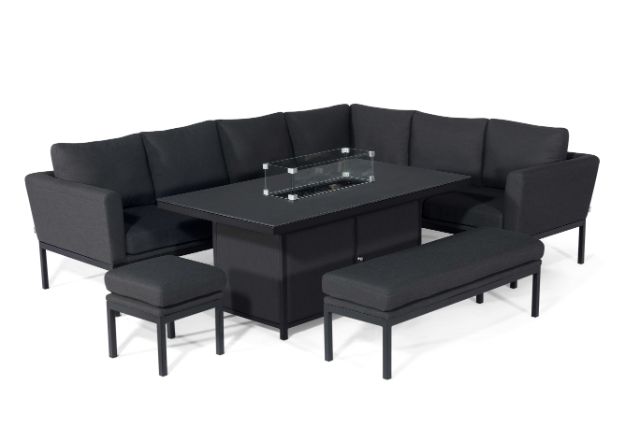 Maze Pulse Left Handed Rectangular Corner Dining Set with Fire Pit Table In Weatherproof Fabric