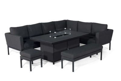 Maze Pulse Left Handed Rectangular Corner Dining Set with Fire Pit Table In Weatherproof Fabric