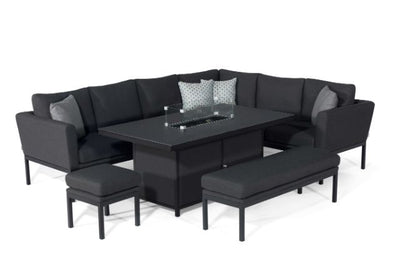 Maze Pulse Left Handed Rectangular Corner Dining Set with Fire Pit Table In Weatherproof Fabric