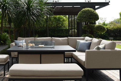Maze Pulse Left Handed Rectangular Corner Dining Set with Fire Pit Table In Weatherproof Fabric