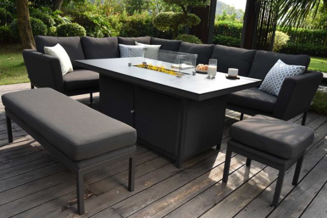 Maze Rattan Pulse Rectangular Corner Dining Set with Fire Pit In Weatherproof Fabric