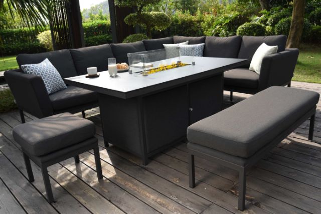Maze Pulse Left Handed Rectangular Corner Dining Set with Fire Pit Table In Weatherproof Fabric