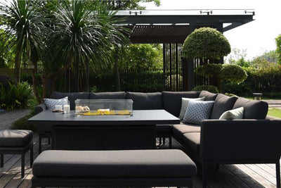 Maze Pulse Left Handed Rectangular Corner Dining Set with Fire Pit Table In Weatherproof Fabric