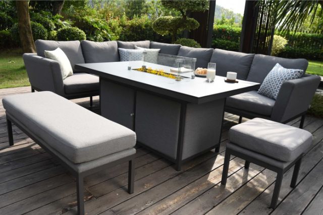 Maze Rattan Pulse Rectangular Corner Dining Set with Fire Pit In Weatherproof Fabric