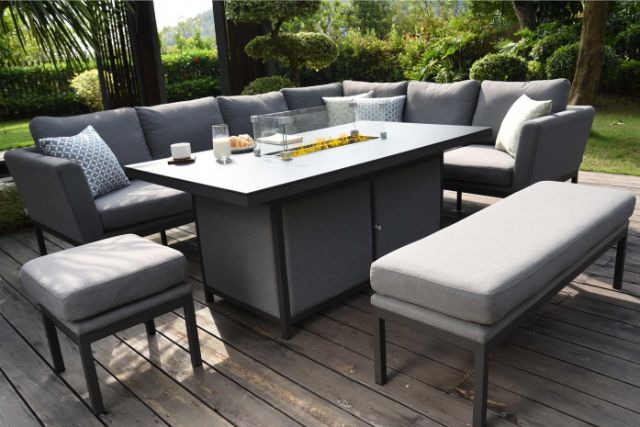 Maze Pulse Left Handed Rectangular Corner Dining Set with Fire Pit Table In Weatherproof Fabric