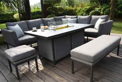 Maze Pulse Left Handed Rectangular Corner Dining Set with Fire Pit Table In Weatherproof Fabric