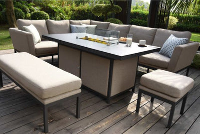 Maze Rattan Pulse Rectangular Corner Dining Set with Fire Pit In Weatherproof Fabric