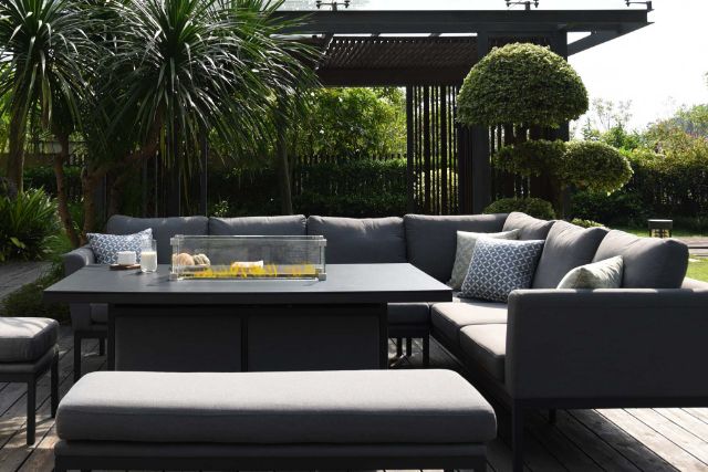 Maze Pulse Left Handed Rectangular Corner Dining Set with Fire Pit Table In Weatherproof Fabric