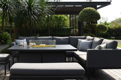 Maze Pulse Left Handed Rectangular Corner Dining Set with Fire Pit Table In Weatherproof Fabric