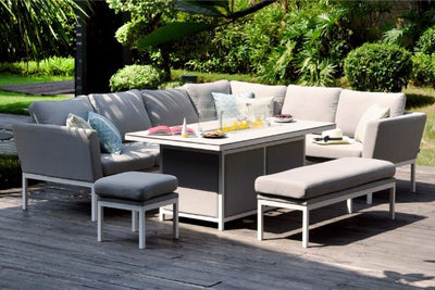 Maze Pulse Left Handed Rectangular Corner Dining Set with Fire Pit Table In Weatherproof Fabric